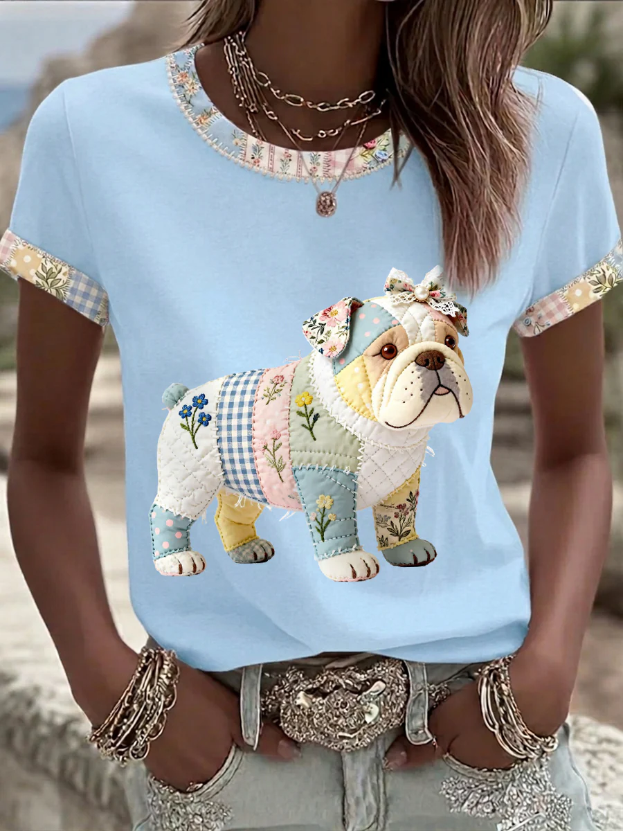 Women's Cute Floral Dog Print Casual Tee - Image 2