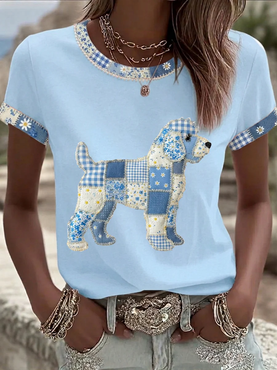 Women's Cute Floral Dog Print Casual Tee - Image 2