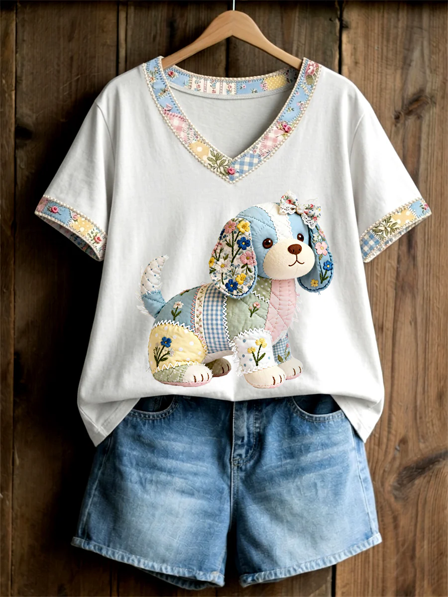 Women's Cute Floral Dog Print Casual V-Neck Tee - Image 3