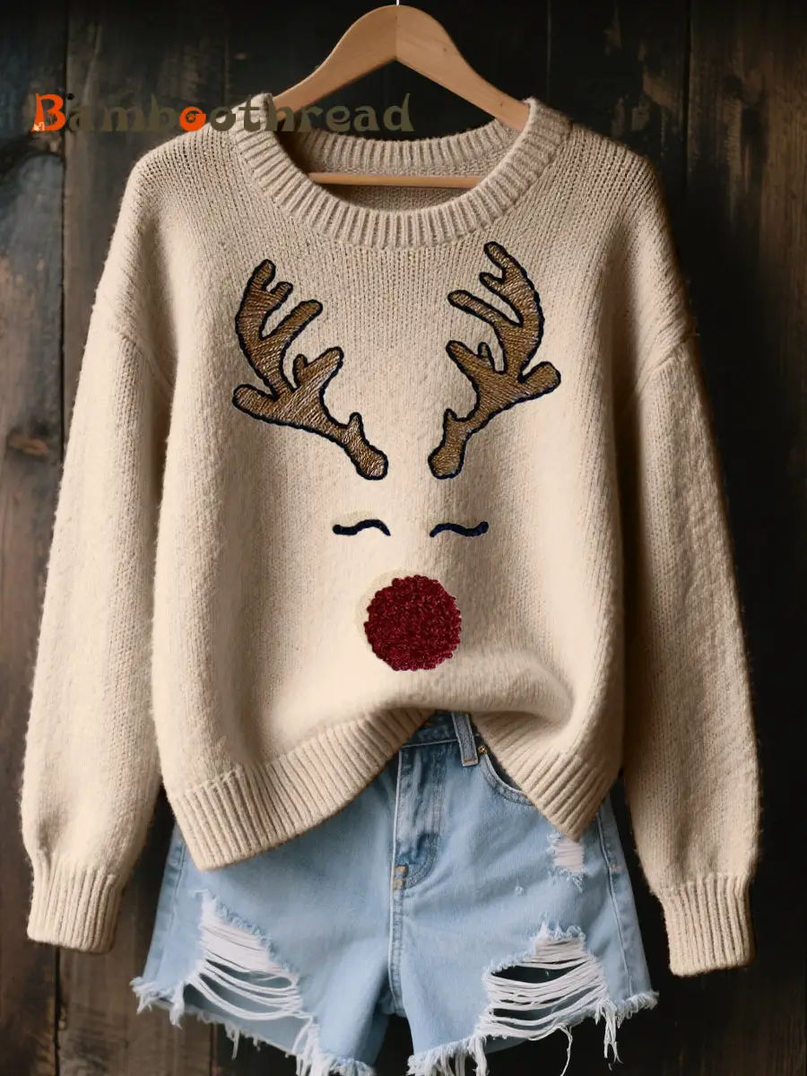 Women's Cute Reindeer Embroidered Cozy Knit Sweater