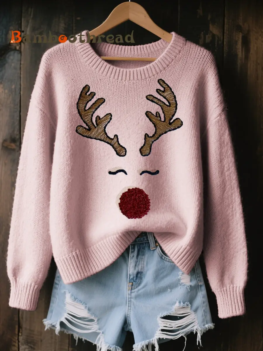 Women's Cute Reindeer Embroidered Cozy Knit Sweater - Image 2