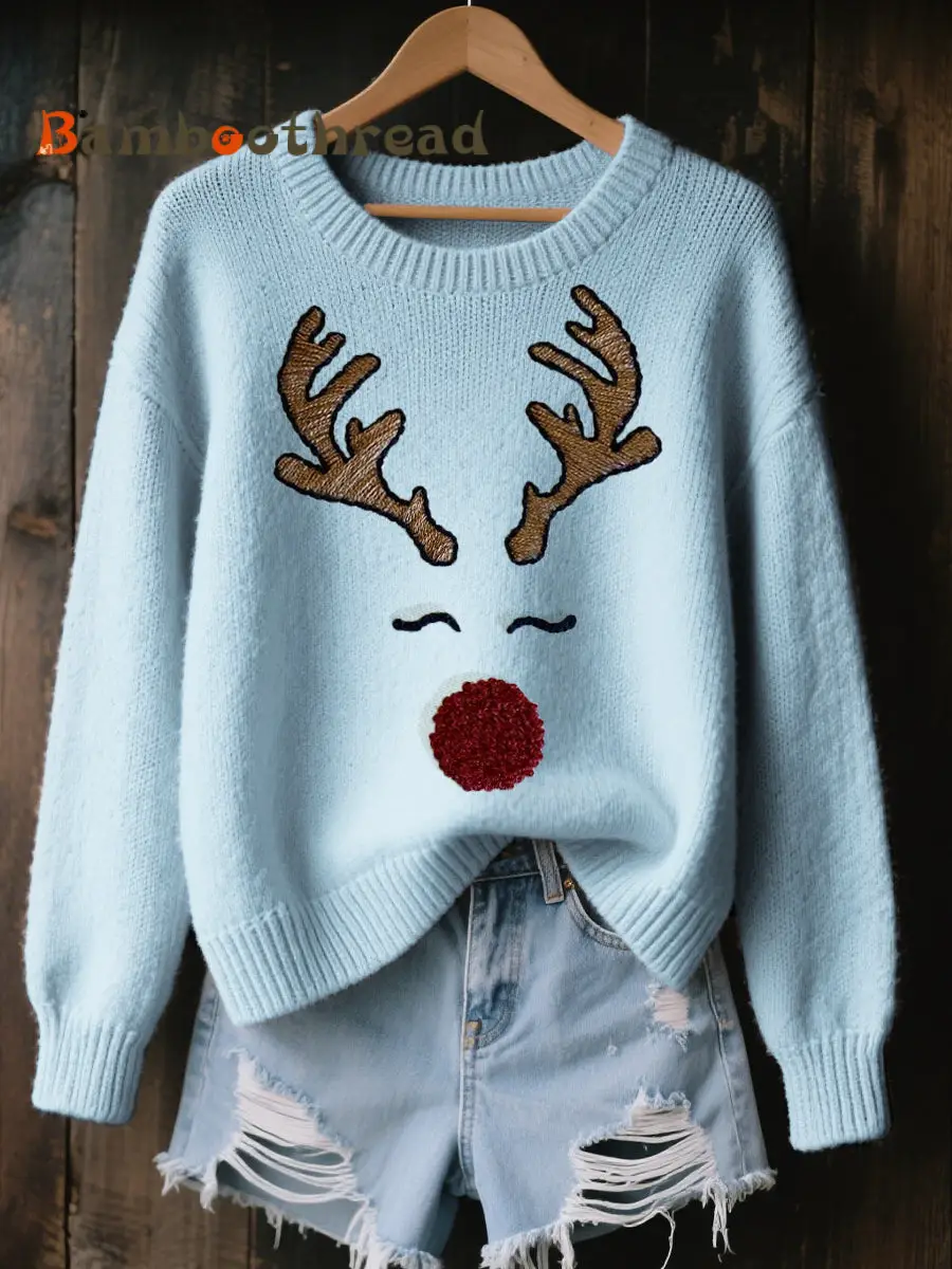 Women's Cute Reindeer Embroidered Cozy Knit Sweater - Image 3