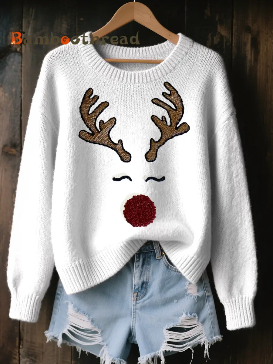 Women's Cute Reindeer Embroidered Cozy Knit Sweater - Image 4