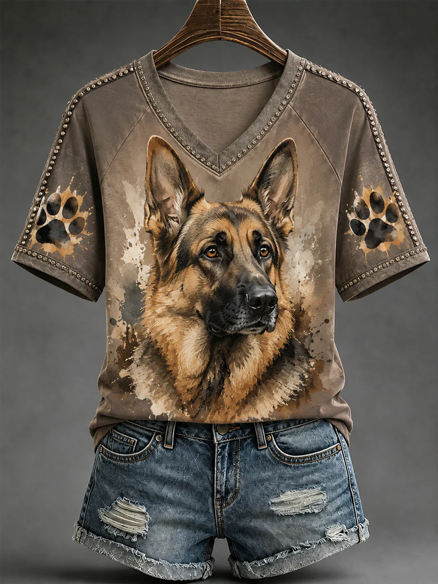 Women's Cute Watercolor Dog Print Gift For Pet Lovers Casual V-Neck Tee