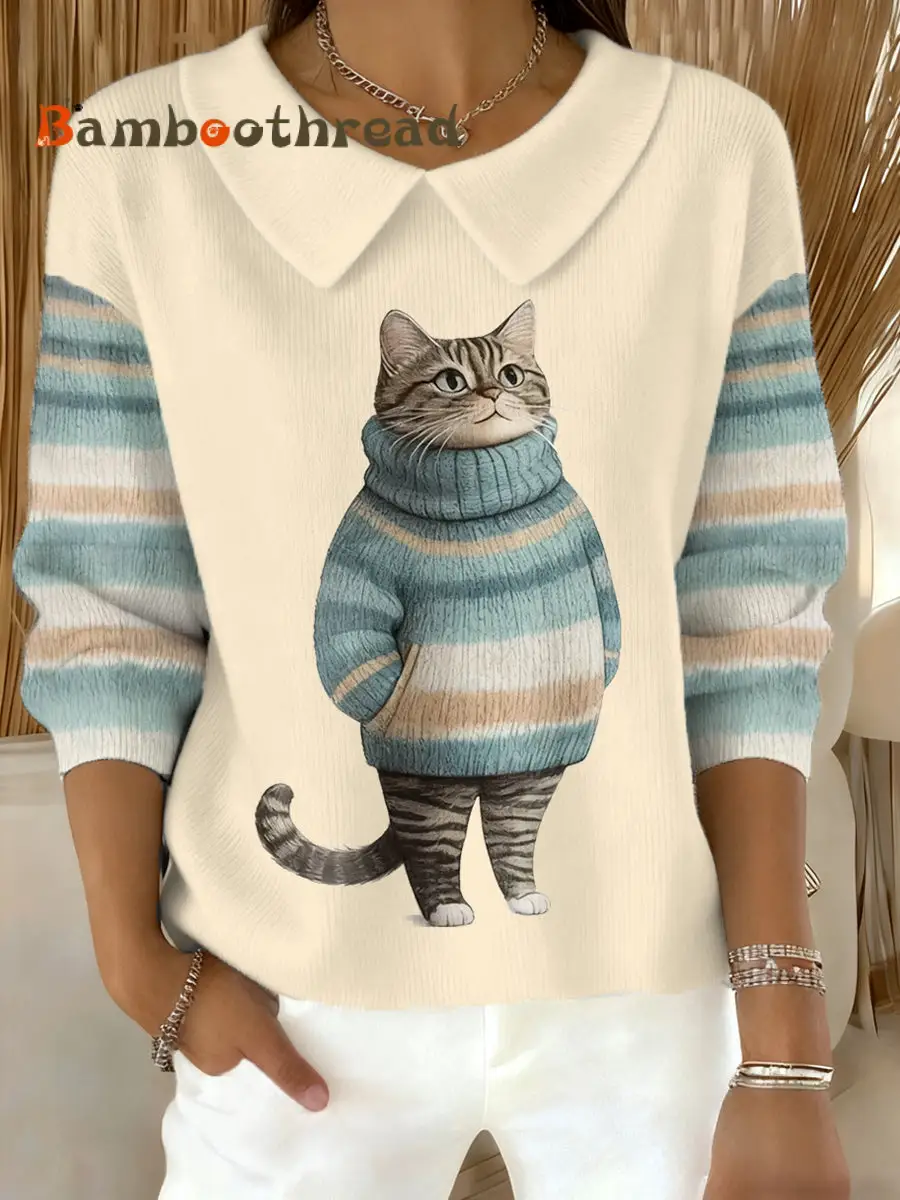 Women's Cute Winter Cat Print Cat Lovers Casual Doll Collar Top
