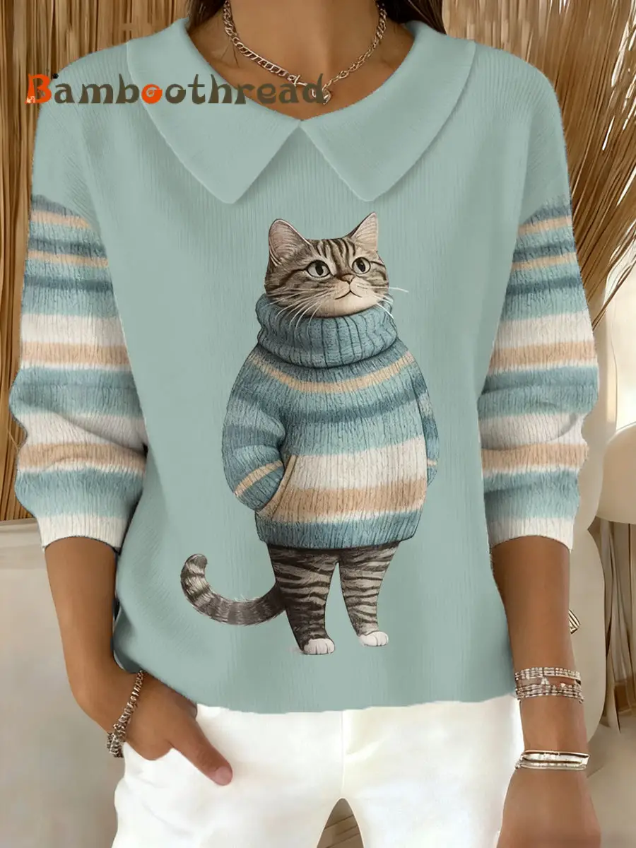 Women's Cute Winter Cat Print Cat Lovers Casual Doll Collar Top - Image 3
