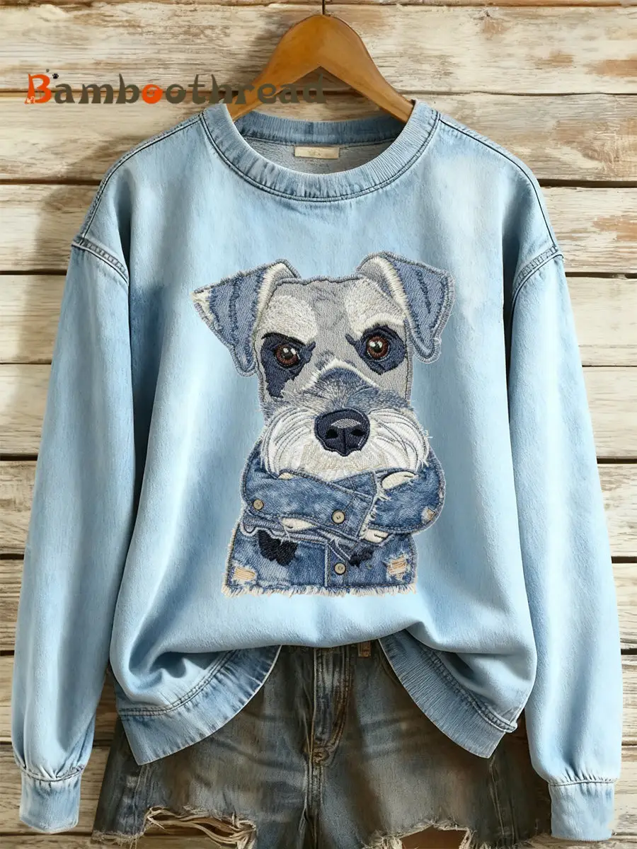 Women's Denim Animal Print Round Neck Long Sleeved Sweater