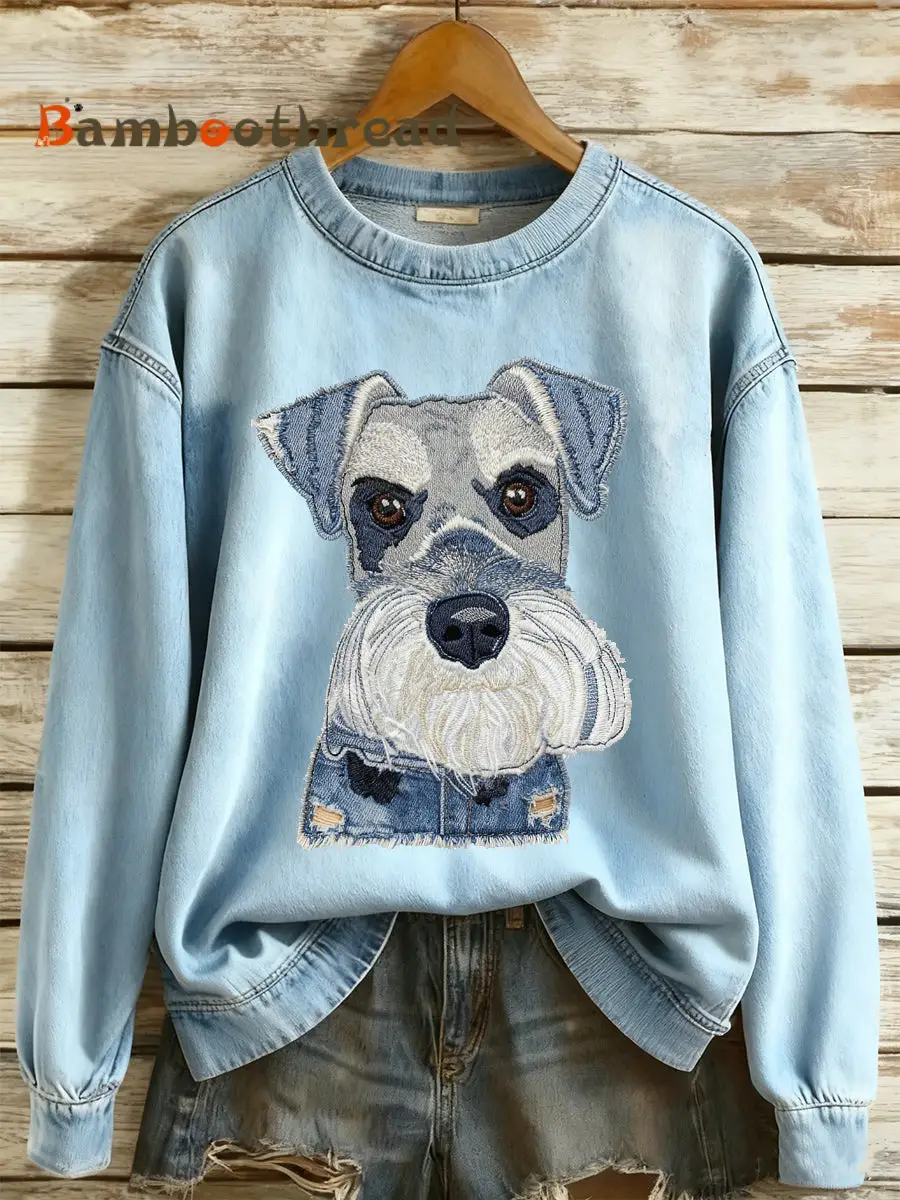 Women's Denim Animal Print Round Neck Long Sleeved Sweater