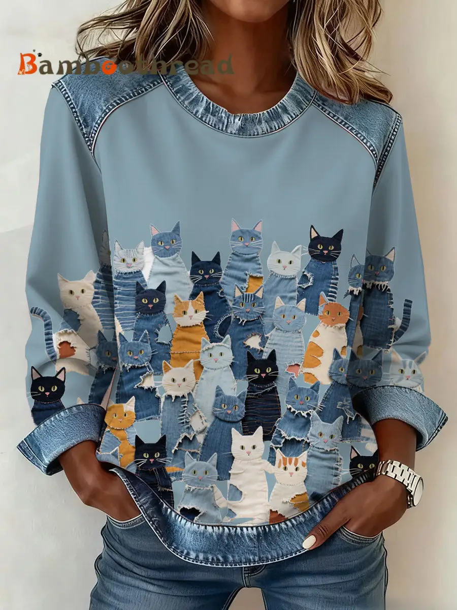 Women's Denim Kitten Sweatshirt - Image 2