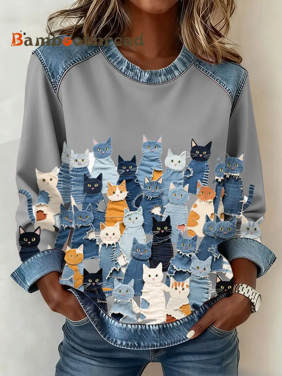 Women's Denim Kitten Sweatshirt - Image 3