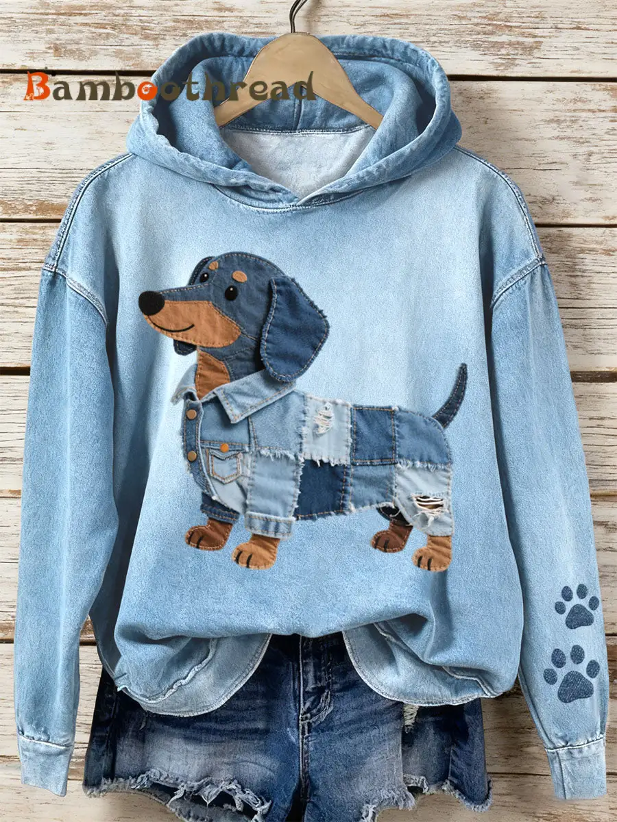 Women's Denim Patchwork Art Dachshund Pattern Hoodie