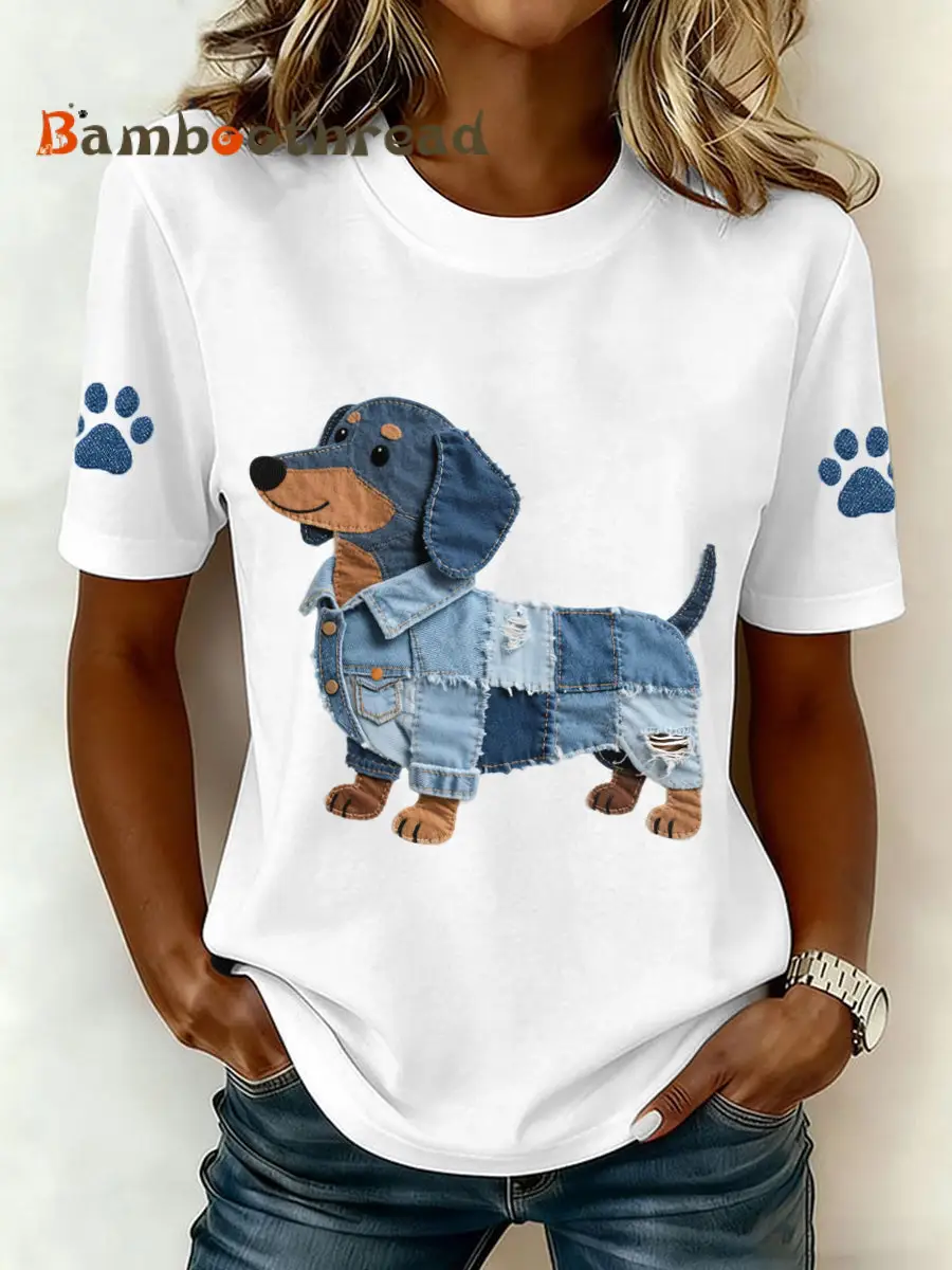 Women's Denim Patchwork Art Dachshund Pattern T-Shirt