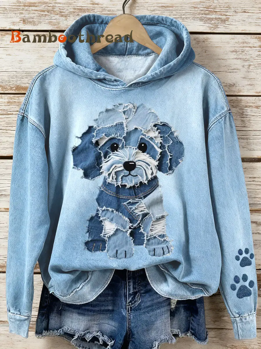 Women's Denim Patchwork Art Lovely Dog Pattern Hoodie
