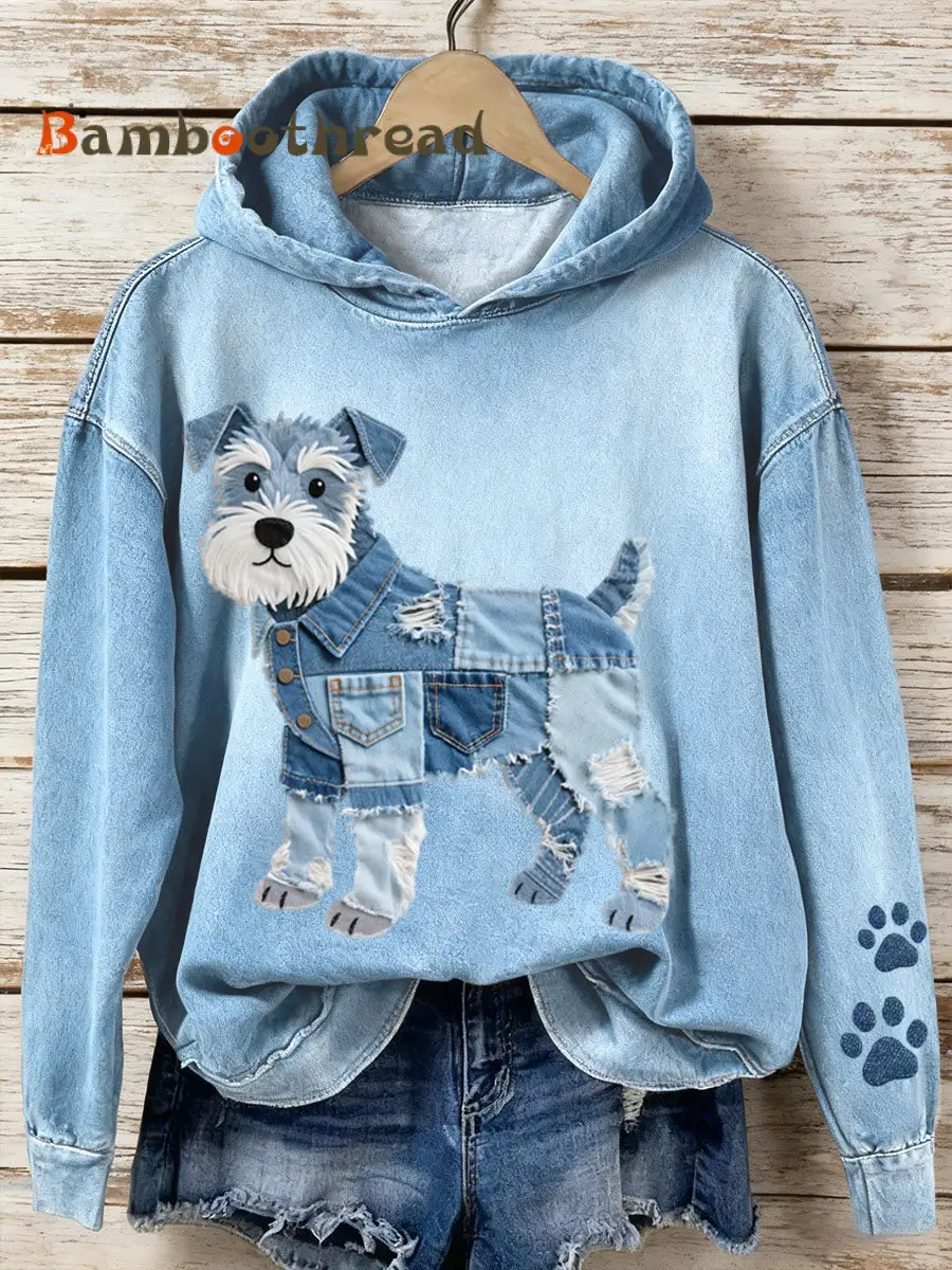 Women's Denim Patchwork Art Schnauzer Dog Pattern Hoodie