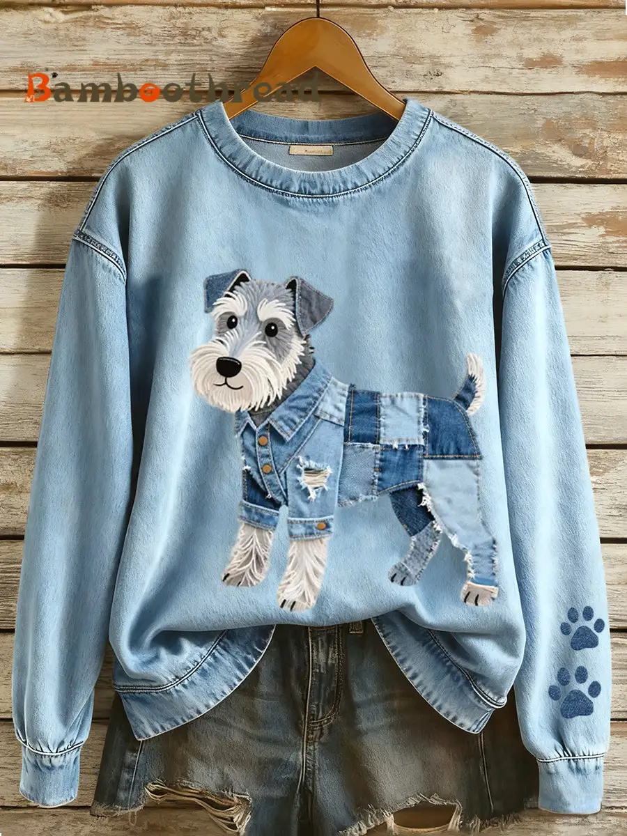 Women's Denim Patchwork Art Schnauzer Dog Pattern Sweatshirt