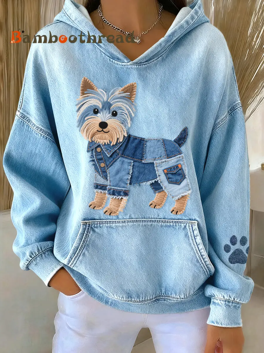 Women's Denim Patchwork Art Yorkshire Terrier Dog Pattern Hoodie
