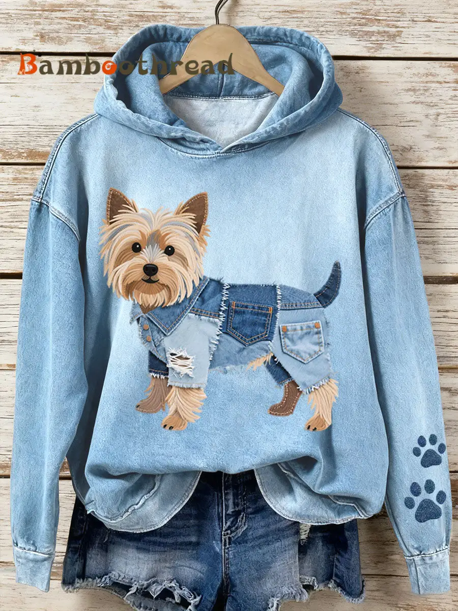 Women's Denim Patchwork Art Yorkshire Terrier Dog Pattern Hoodie