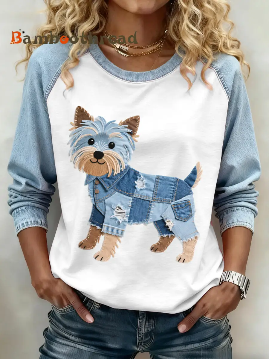 Women's Denim Patchwork Art Yorkshire Terrier Dog Pattern Sweatshirt