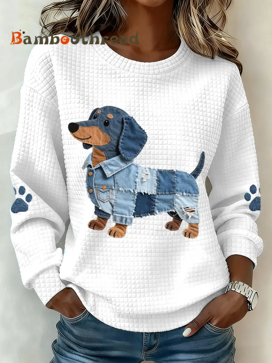 Women's Denim Patchwork Dachshund Dog Pattern Waffle Sweatshirt
