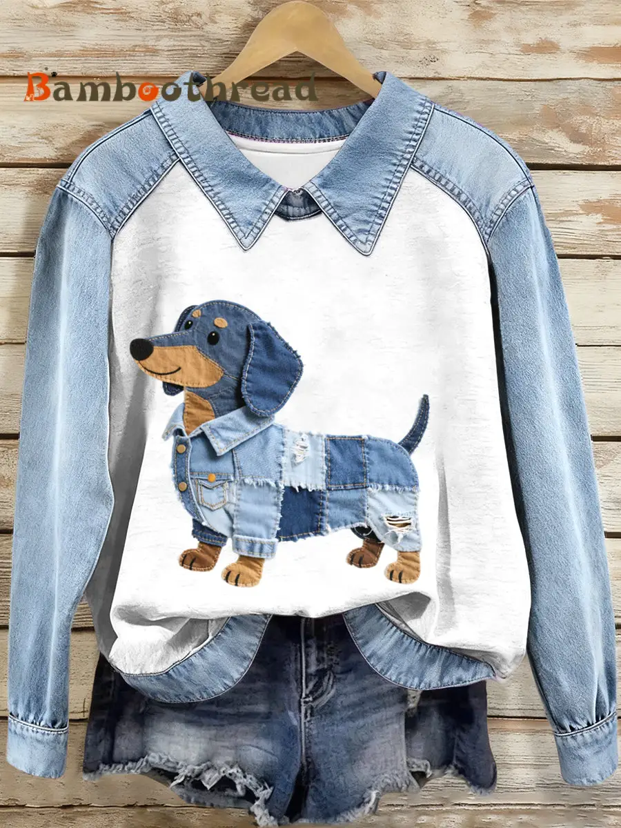 Women's Denim Patchwork Dachshund Pattern Sweatshirt