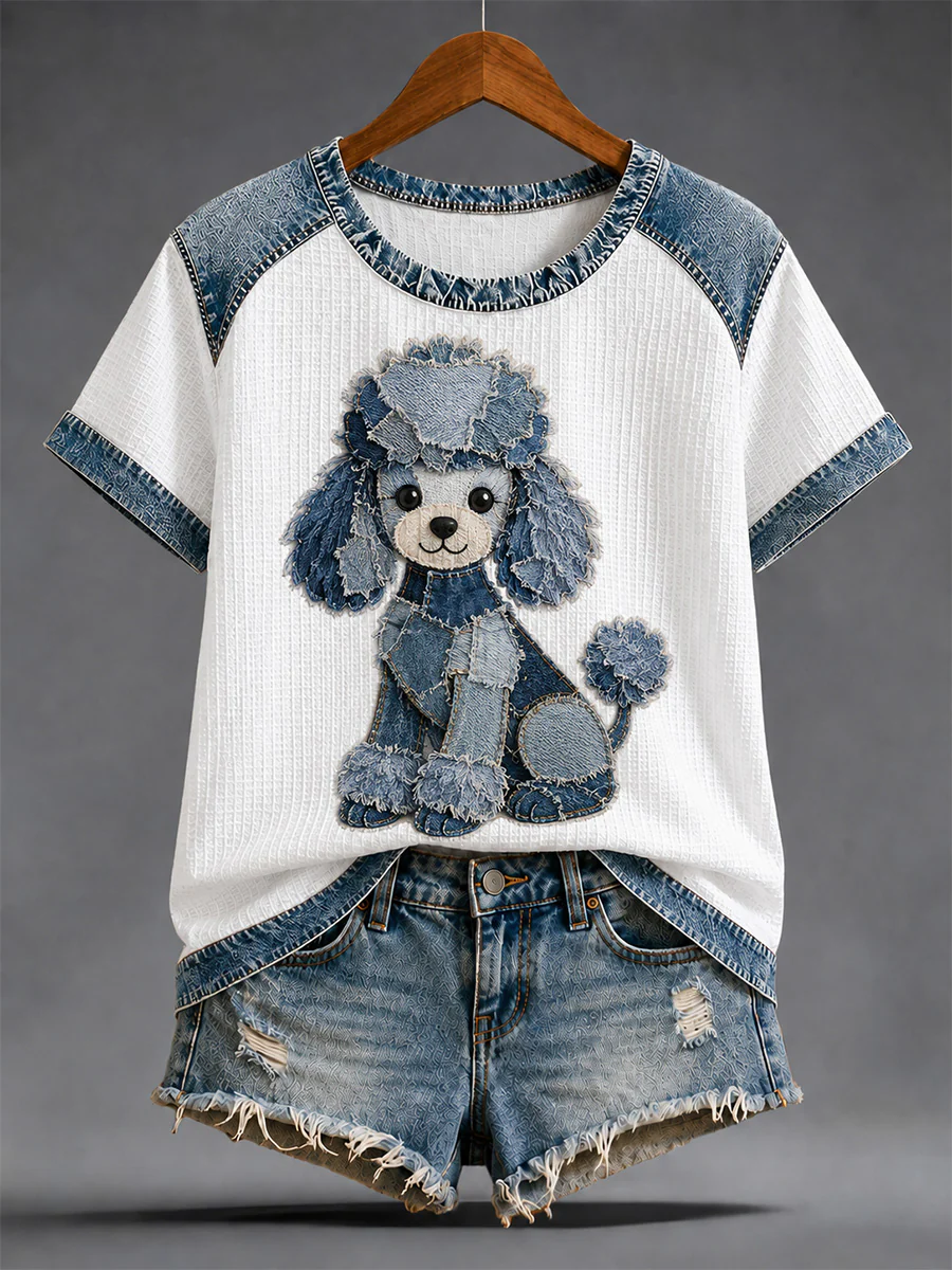 Women's Denim Patchwork Dog Print Waffle Casual Tee