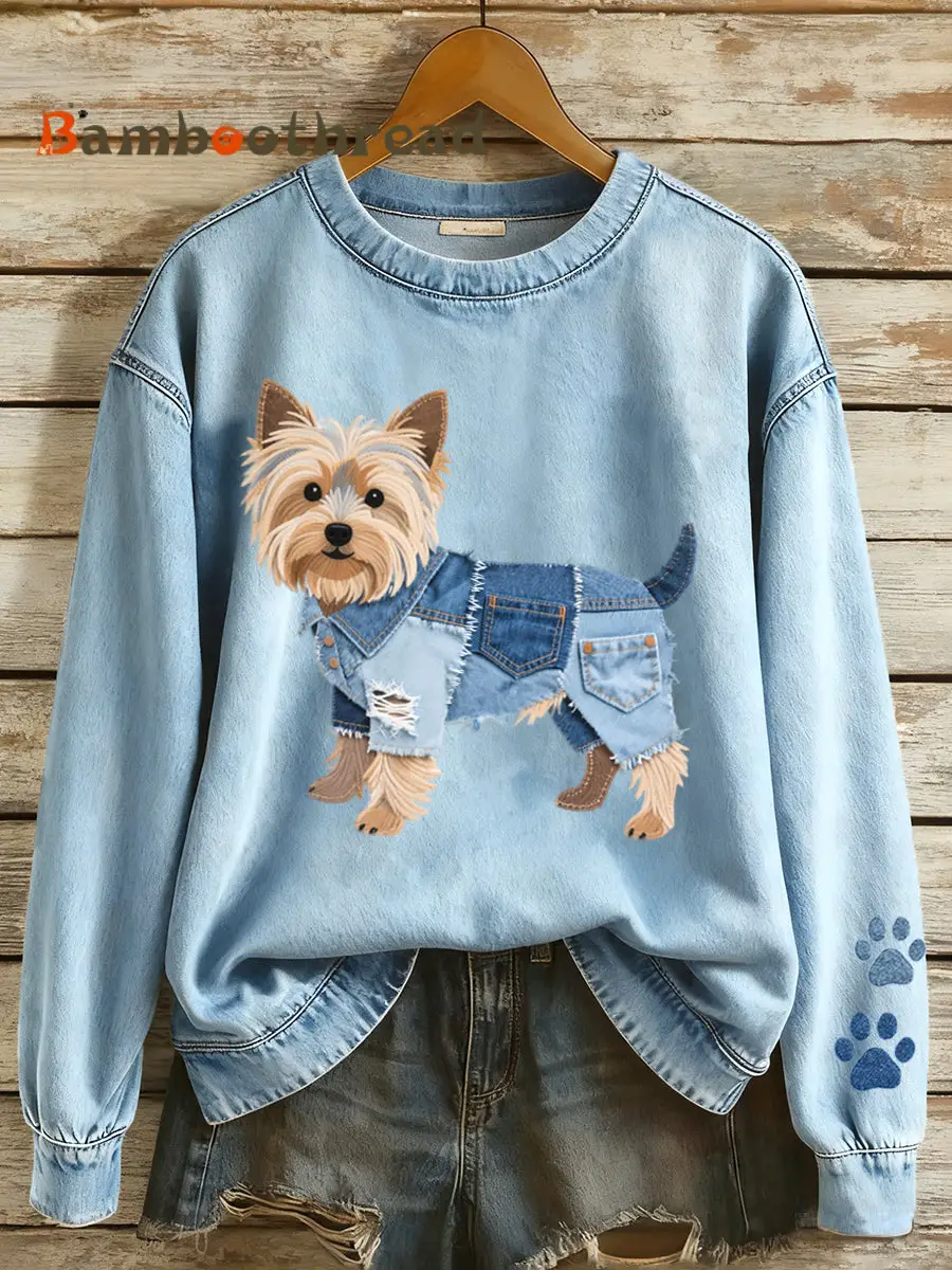 Women's Denim Patchwork Yorkshire Terrier Dog Pattern Sweatshirt