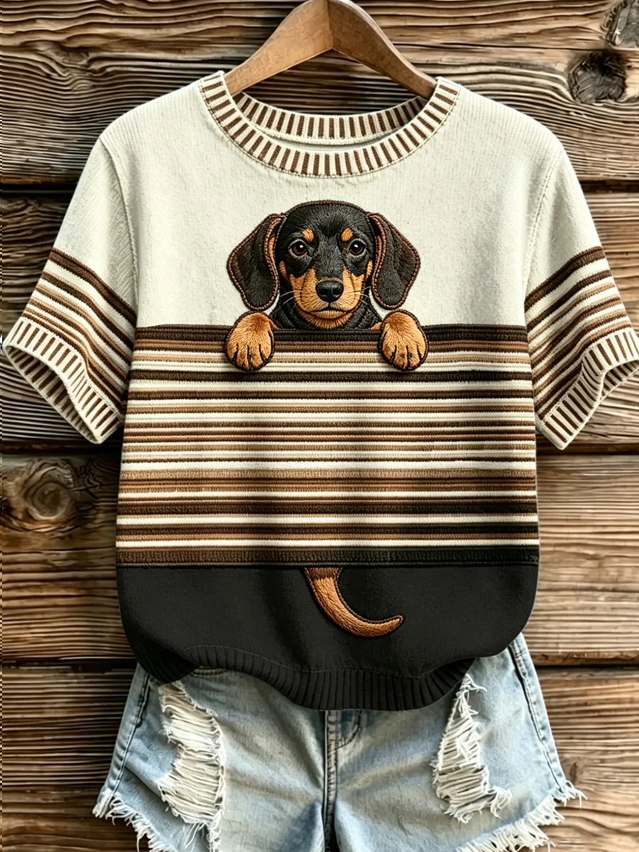 Women's Dog Stripes Printed Vintage Fashion Loose Short Sleeve T-Shirt - Image 2