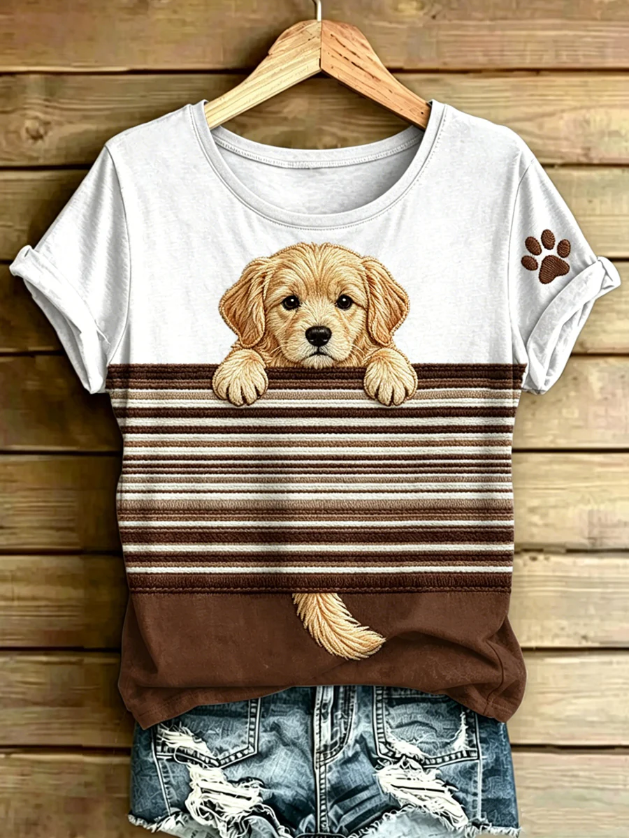 Women's Dog Stripes Printed Vintage Fashion Loose Short Sleeve T-Shirt