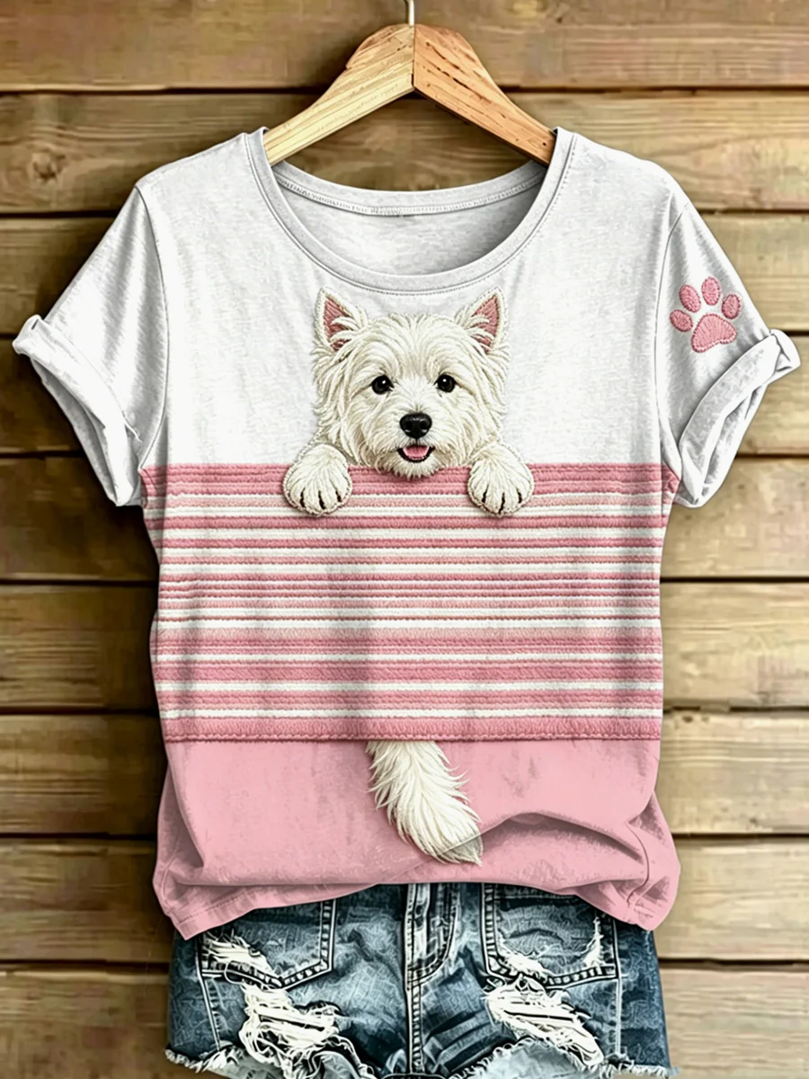 Women's Dog Stripes Printed Vintage Fashion Loose Short Sleeve T-Shirt