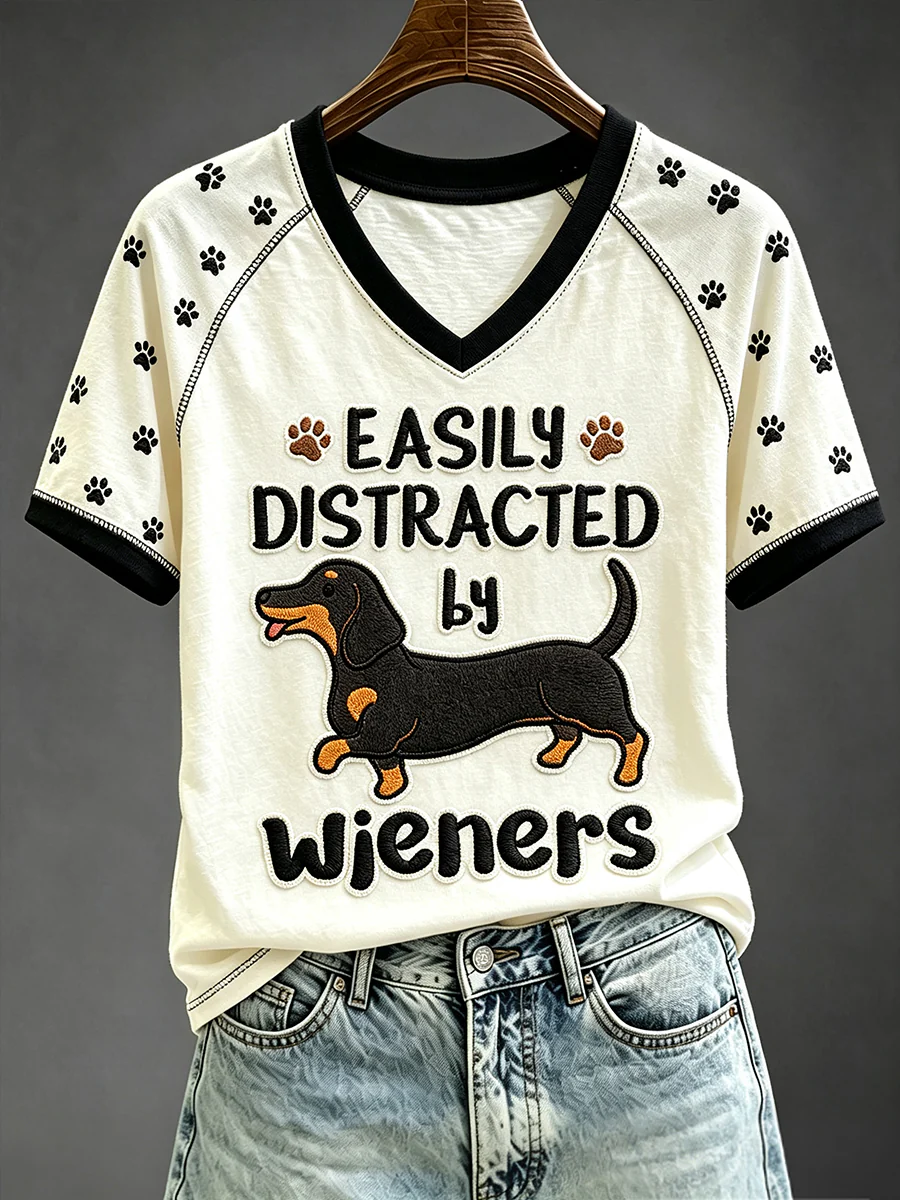 Women's Easily Distracted by Wieners Funny Dachshund Print V-neck Short-sleeved T-shirt