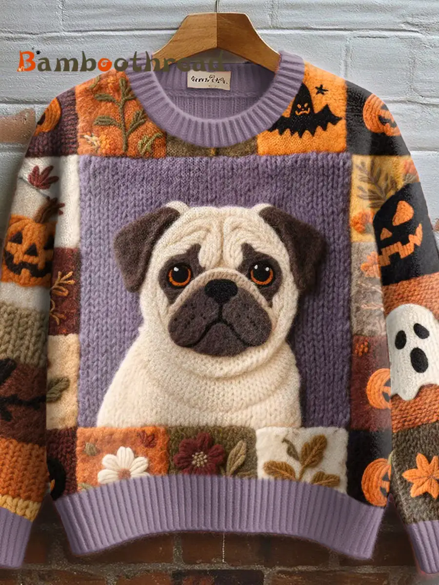 Women's Fall Inspired Pug Felt Art Cozy Knit Sweater