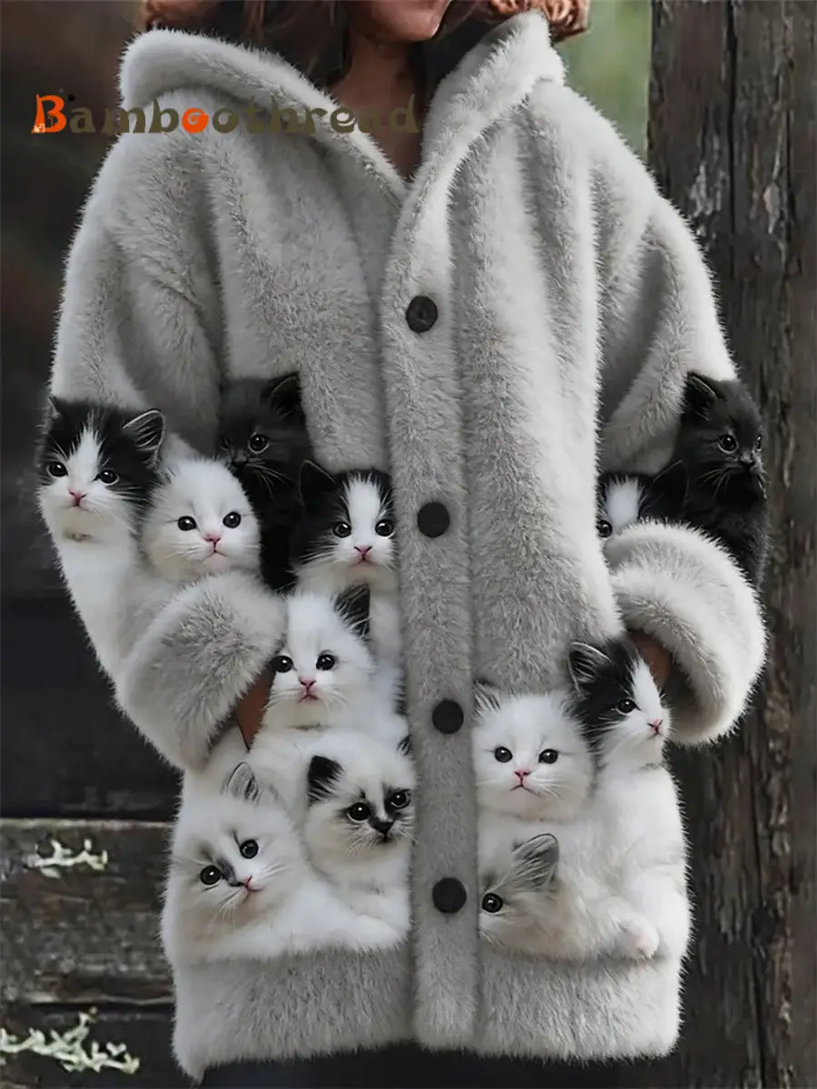 Women's Flannel Cute Cats Print Coats