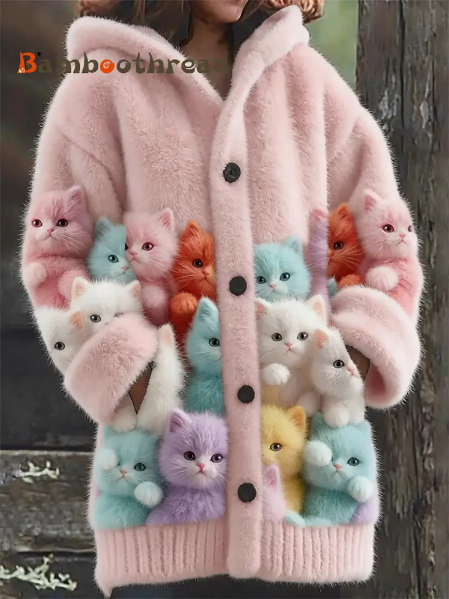 Women's Flannel Cute Cats Print Coats