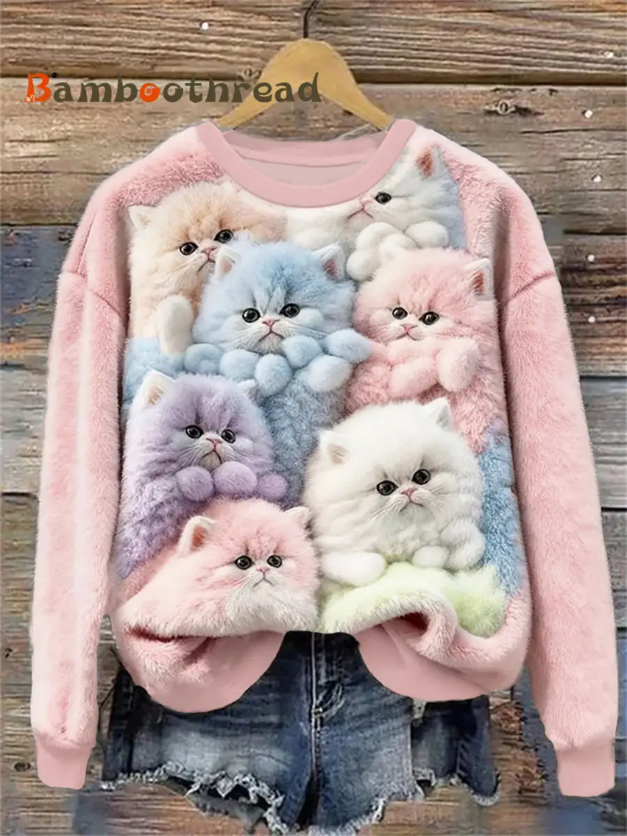 Women's Flannel Cute Cats Print Sweatshirt