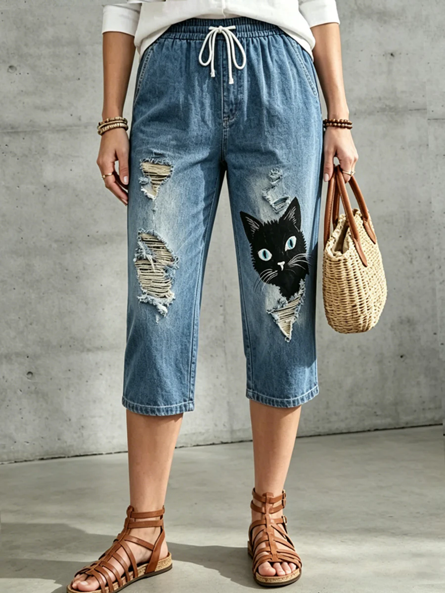 Women's Floral Animal Art Printed Drawstring Middle Pants