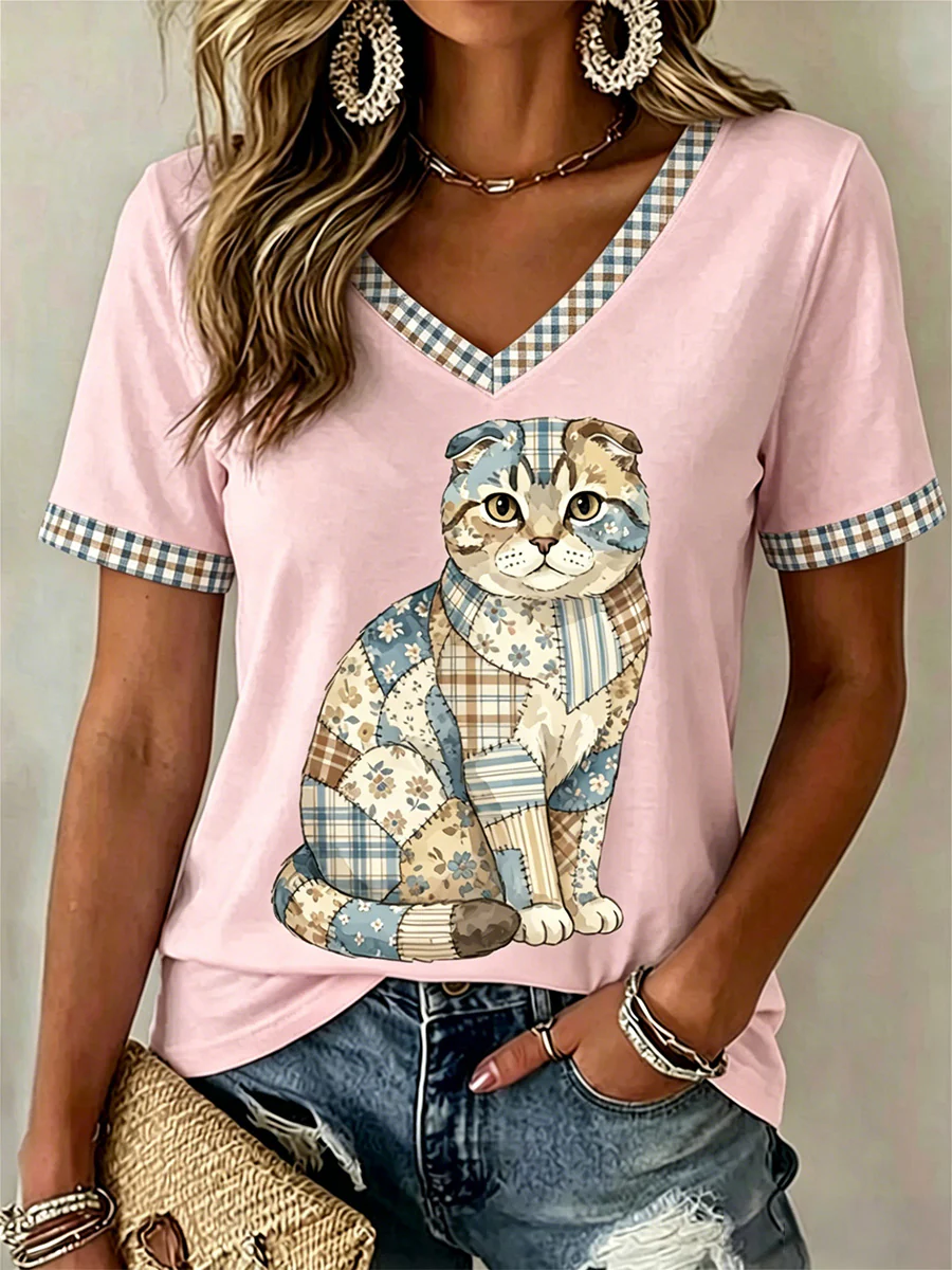Women's Floral Cat Print Casual V-Neck Tee - Image 2