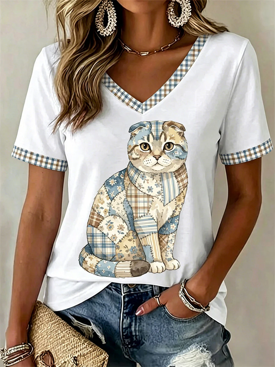 Women's Floral Cat Print Casual V-Neck Tee - Image 3