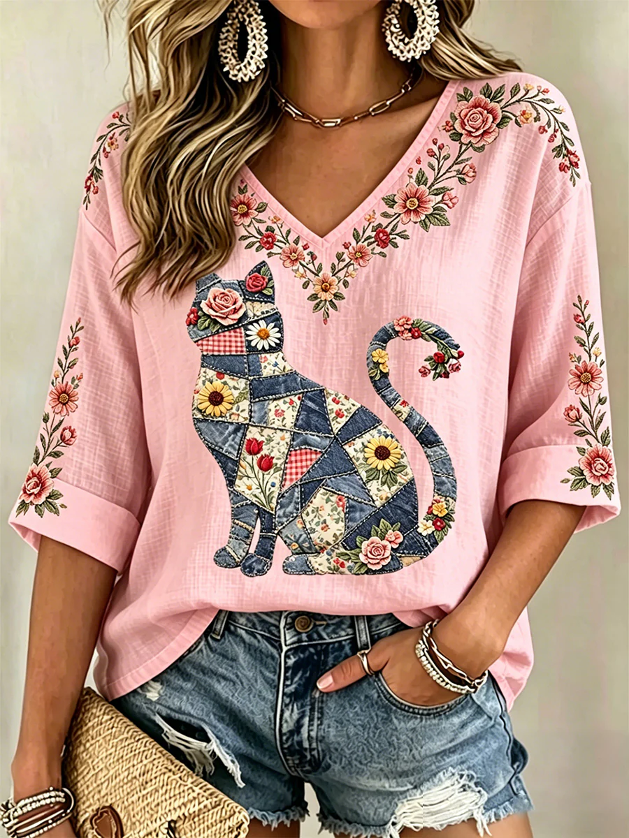 Women's Floral Cat Print Casual V-Neck Top - Image 2