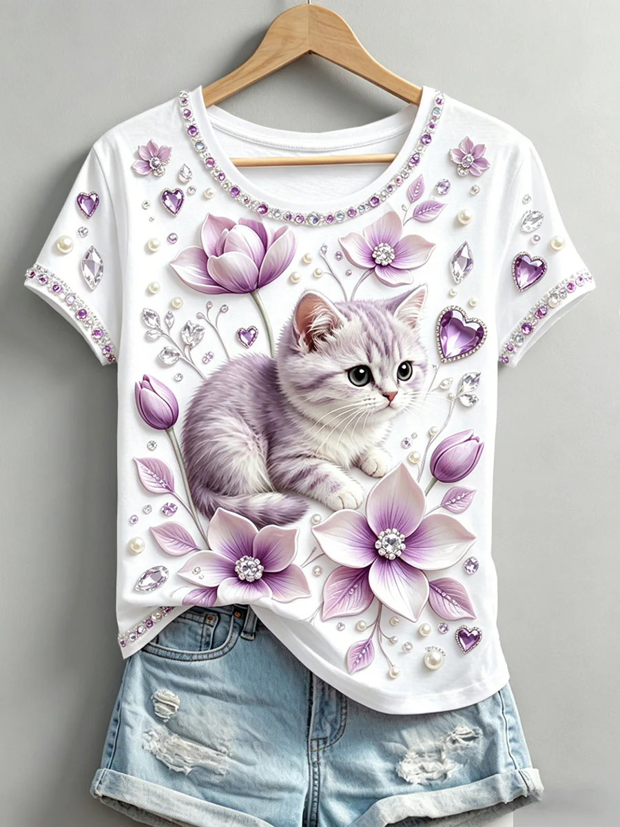 Women's Floral Cat Print T-Shirts
