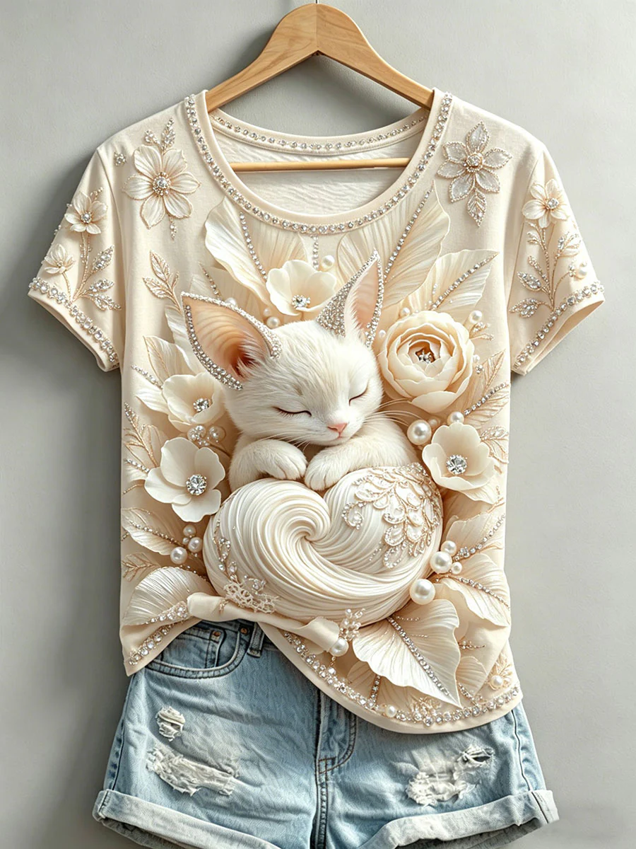 Women's Floral Cat Print T-Shirts