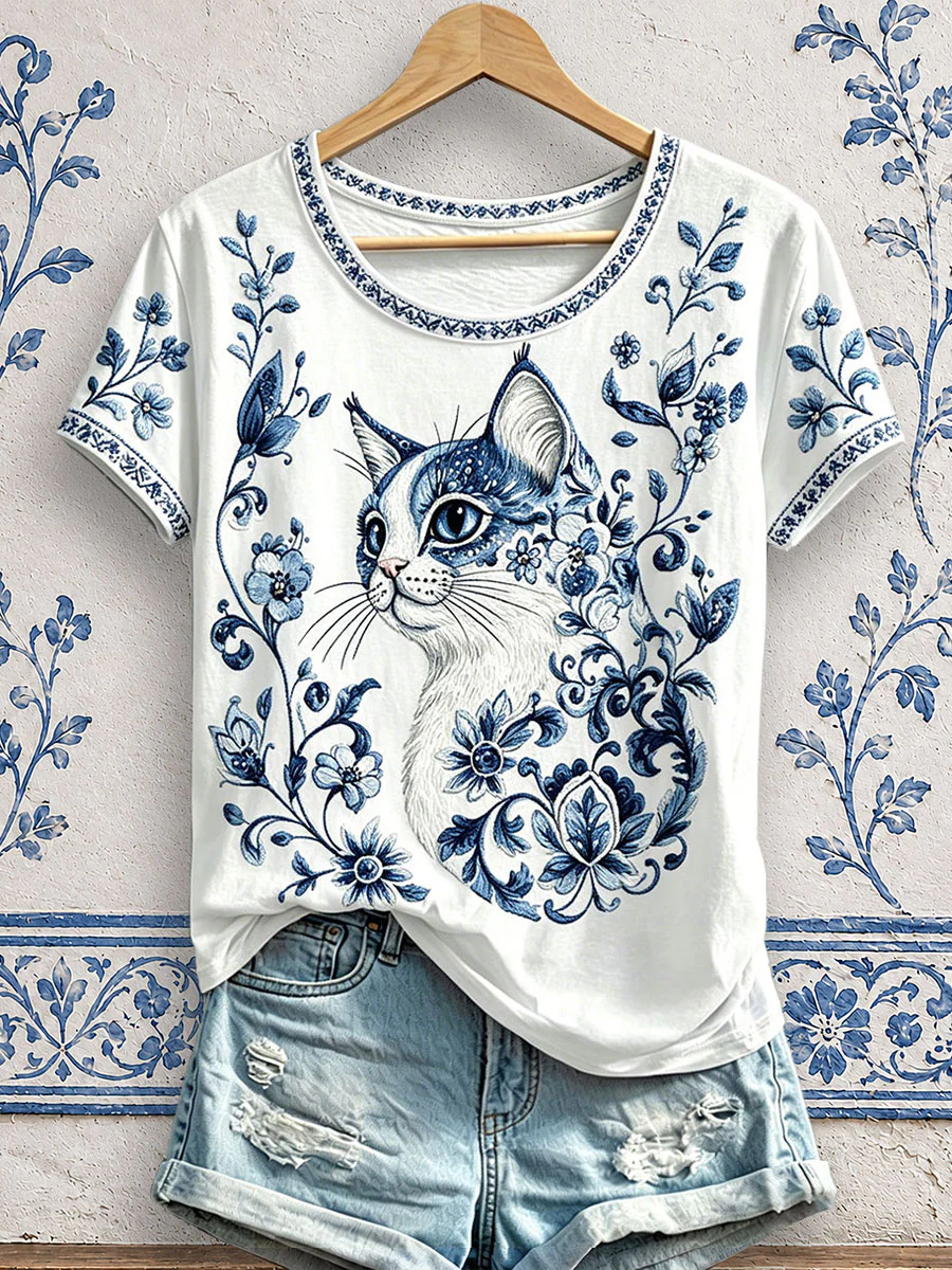 Women's Floral Cat Print T-Shirts