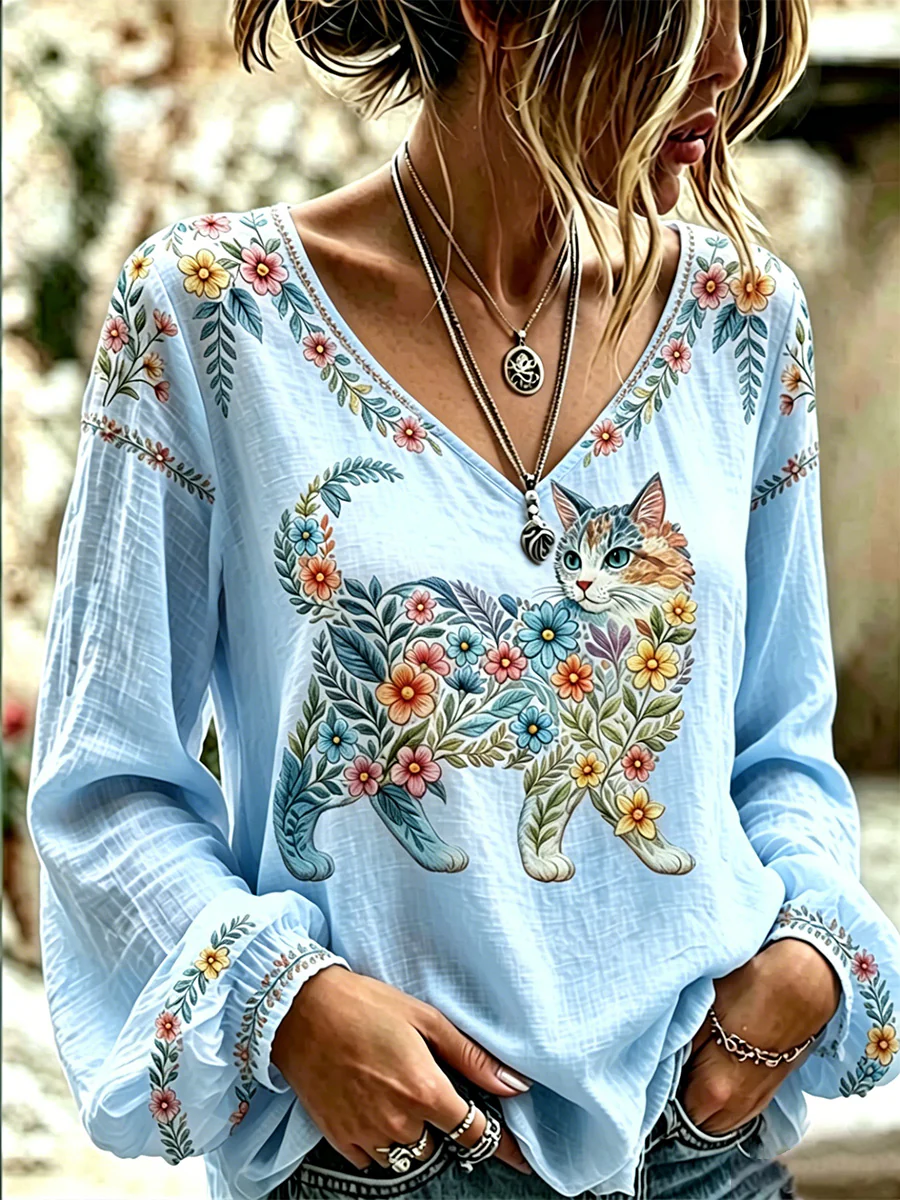 Women's Floral Cats Print Casual Long Sleeve V-Neck Top - Image 2