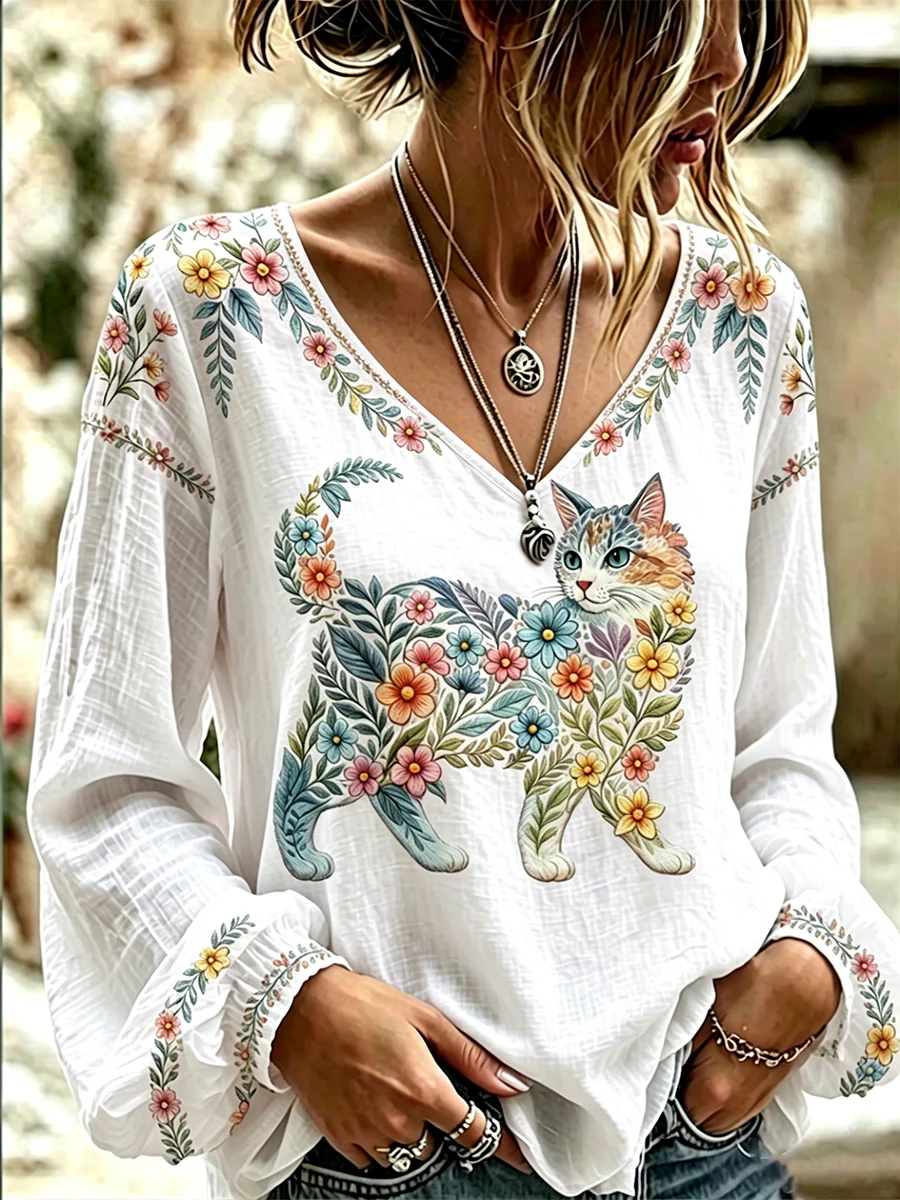 Women's Floral Cats Print Casual Long Sleeve V-Neck Top - Image 3