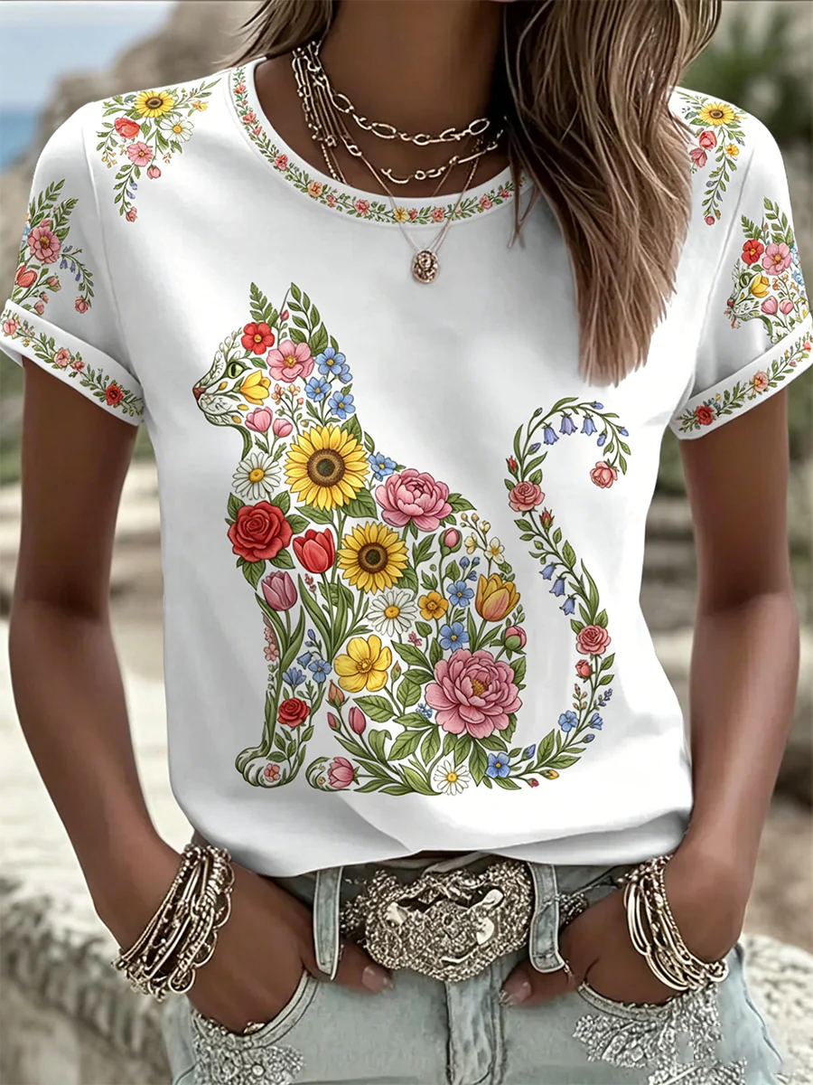 Women's Floral Cats Print Casual Tee - Image 3