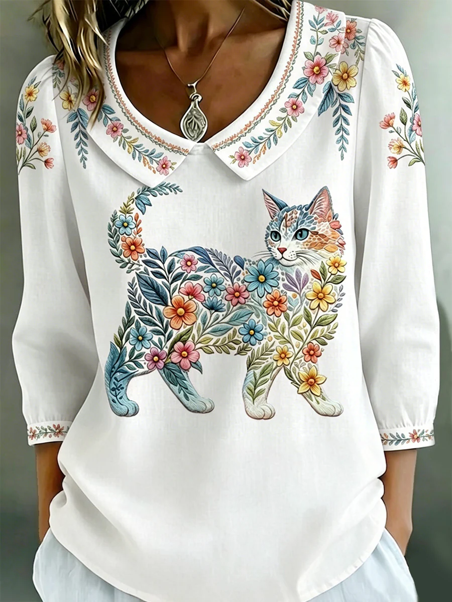 Women's Floral Cats Print Casual Top - Image 3