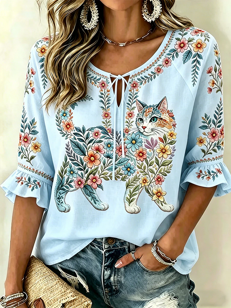 Women's Floral Cats Print Casual Top - Image 2