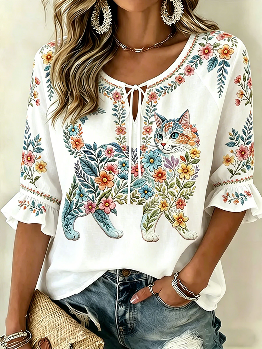Women's Floral Cats Print Casual Top - Image 3