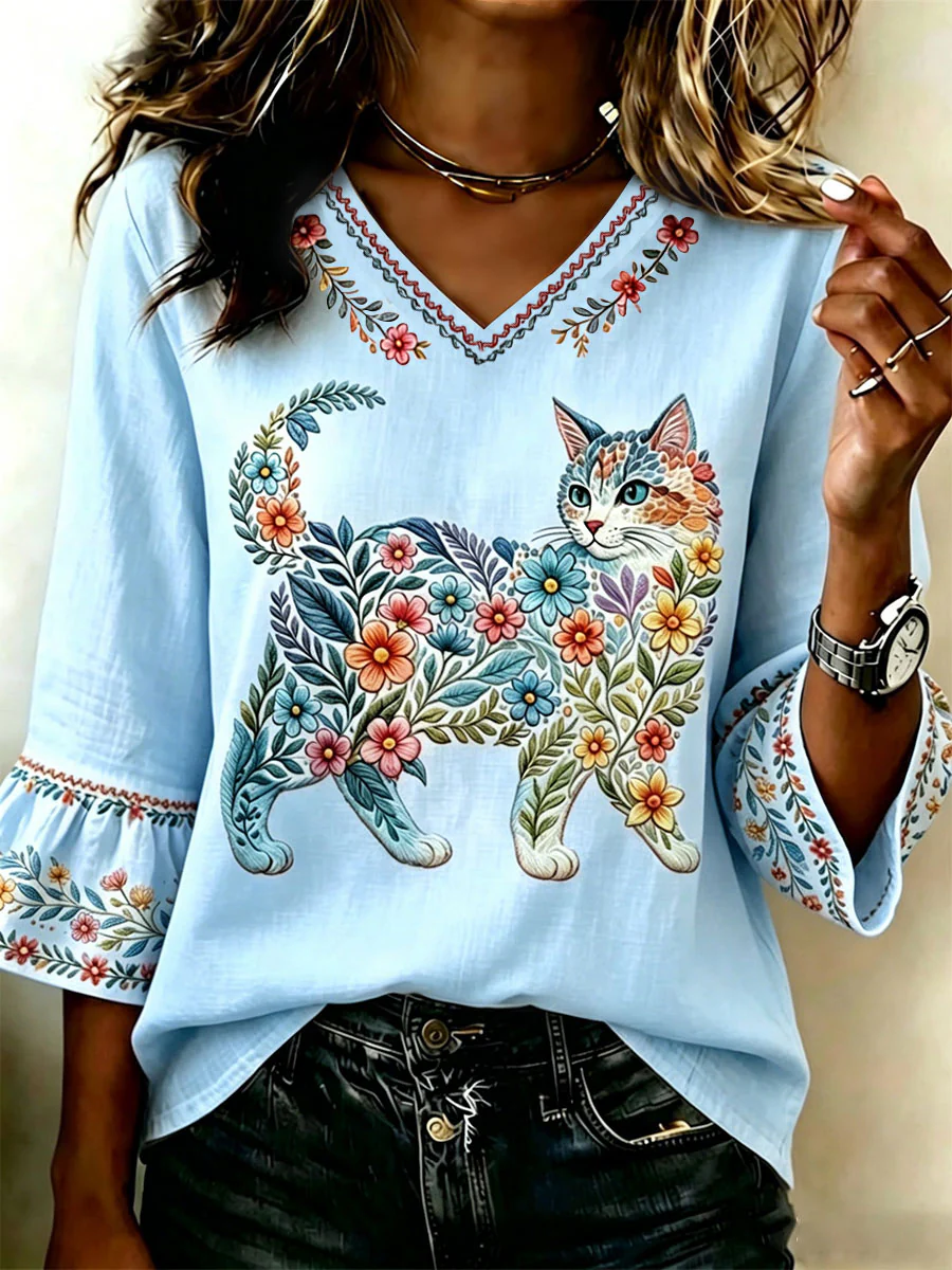 Women's Floral Cats Print Casual Top - Image 2