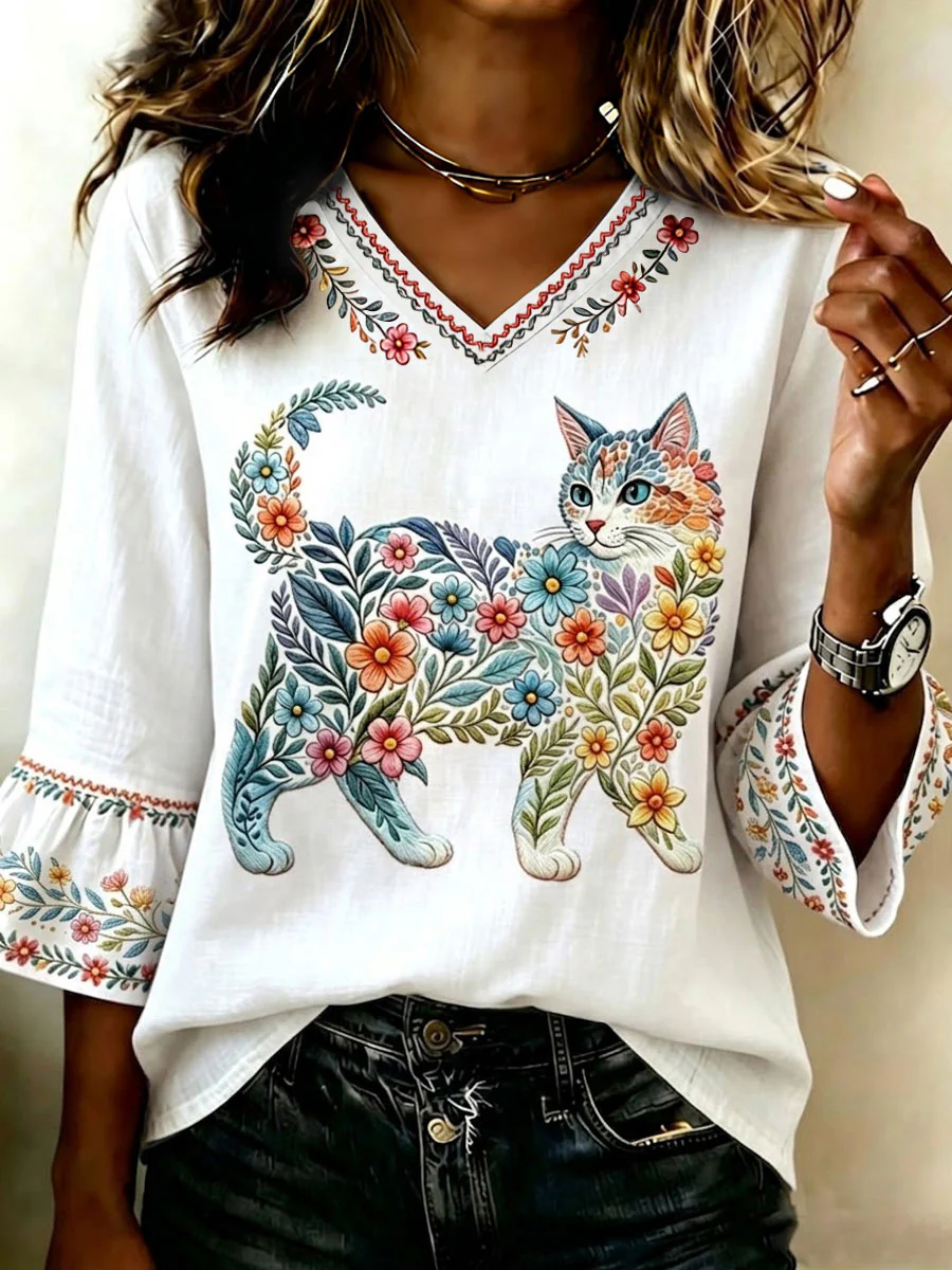 Women's Floral Cats Print Casual Top - Image 3