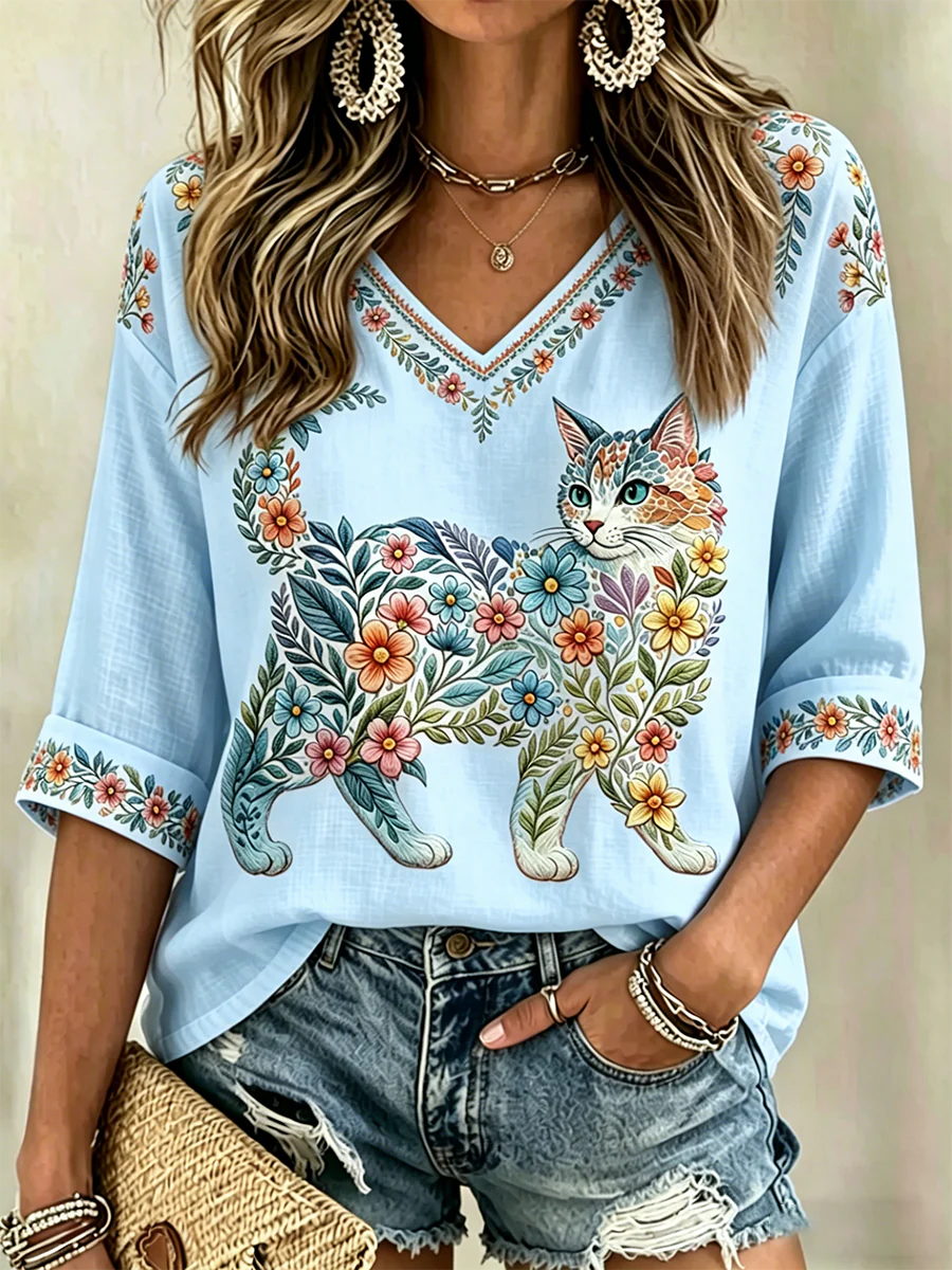 Women's Floral Cats Print Casual V-Neck Shirt - Image 2